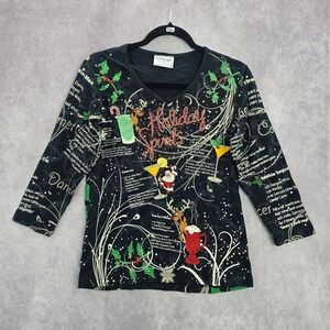 Cactus Bay Black Christmas‎ Holiday Festival Y2K VTG Artsy Print Top Medium